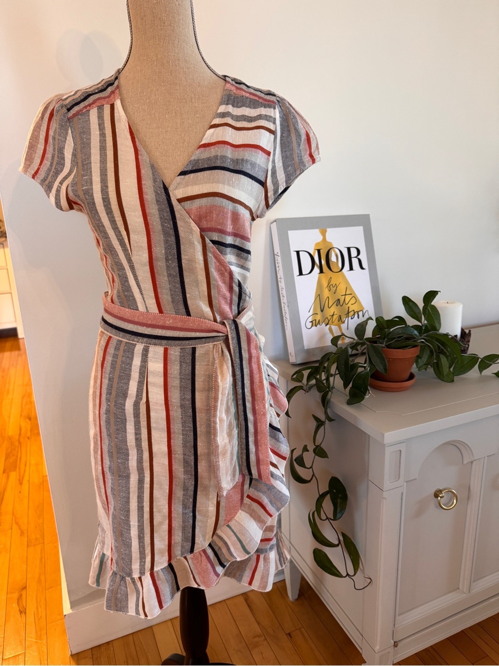 Free People Striped Wrap Dress in Coral, Navy & Cream